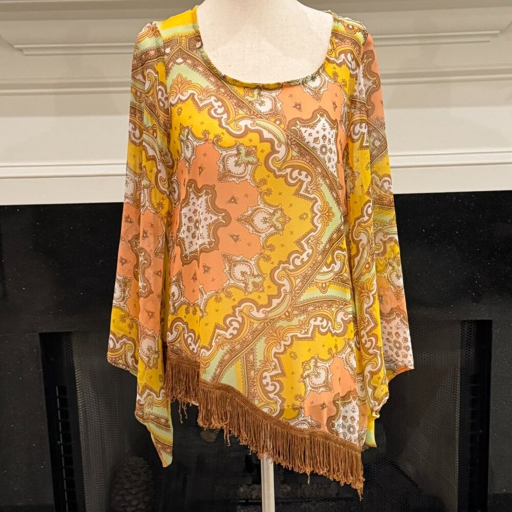 Ivy Jane Boho Sheer Poncho Top with Fringe – Size Small
